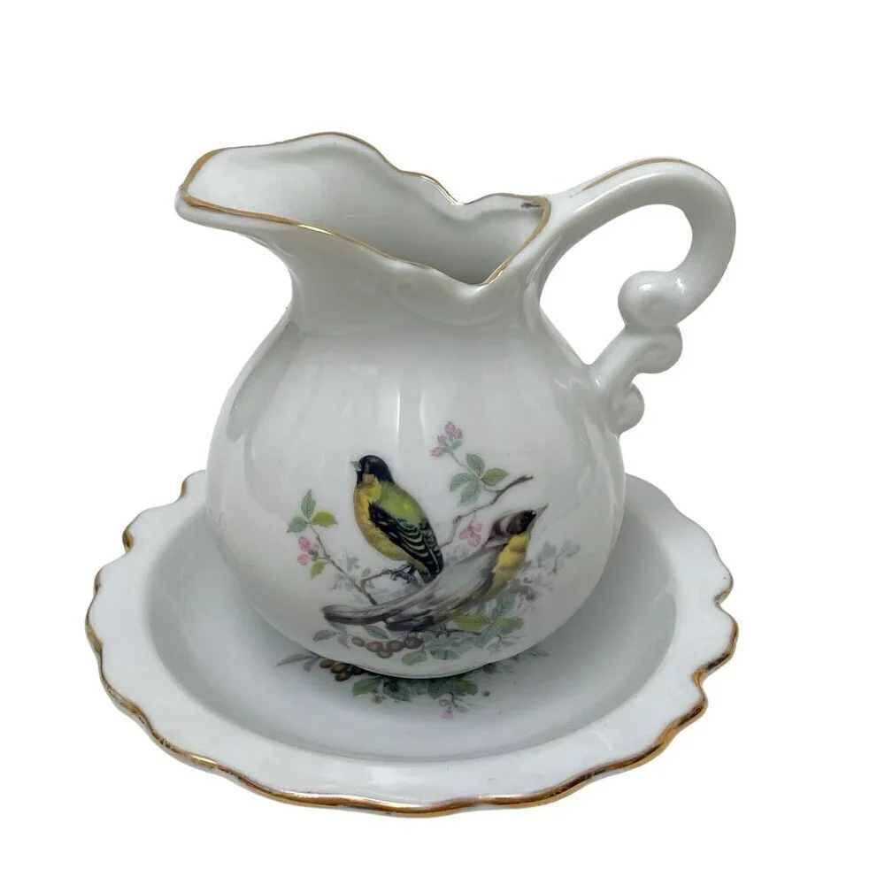 Vintage Creamer and Saucer Yellow Finch Birds Design Ceramic Set Mini Pitcher